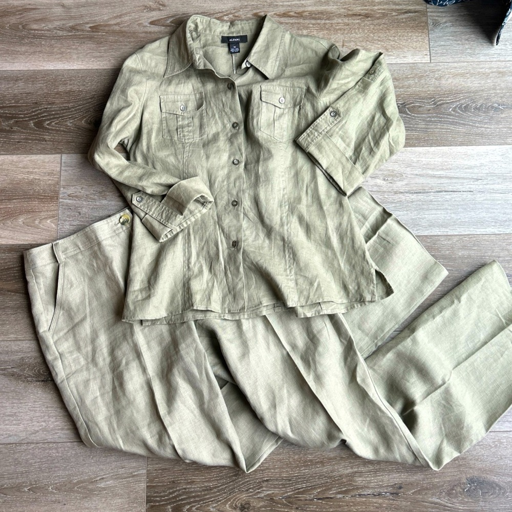 Linen Matching Set Alfani green safari 100% linen short sleeve top and pants